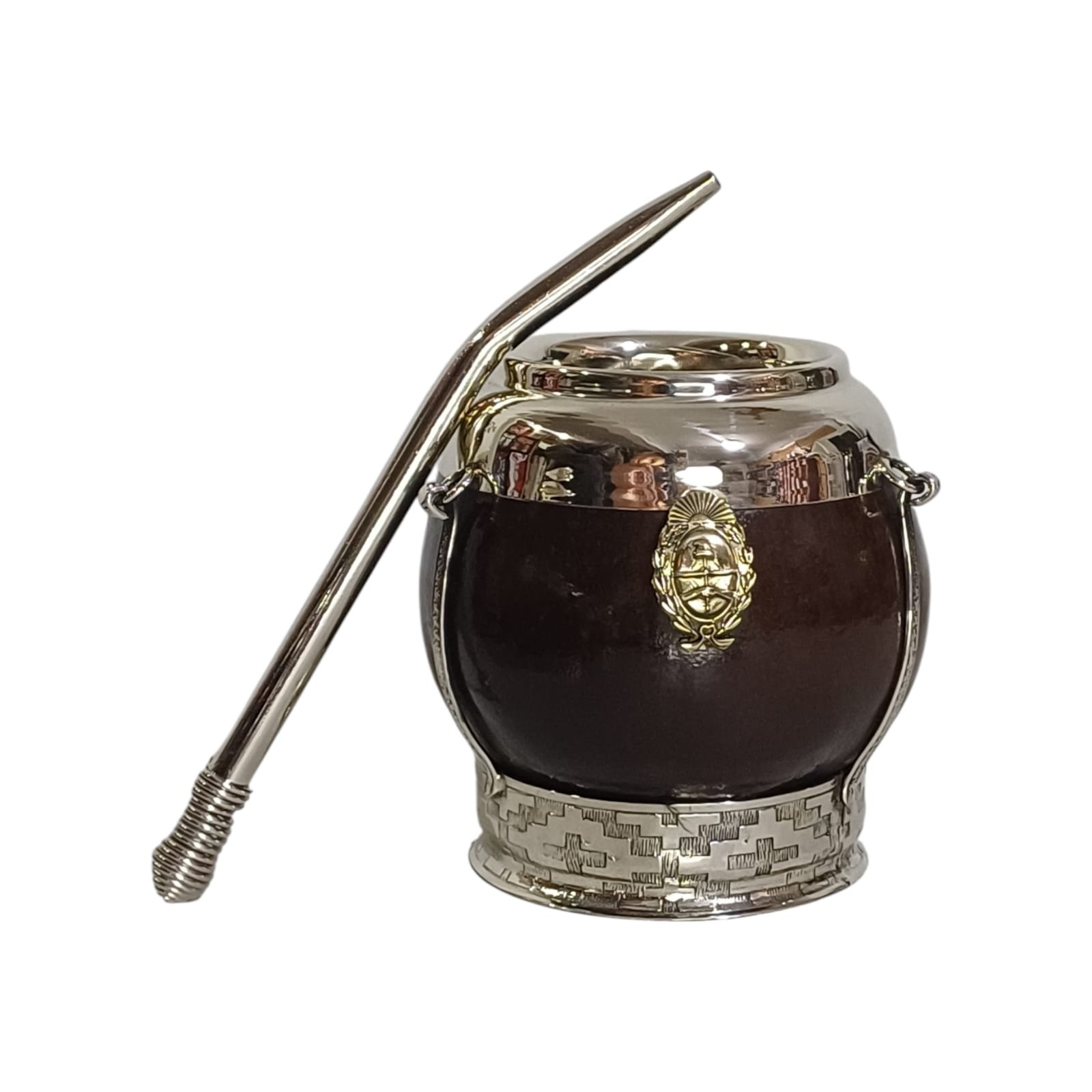 MATE DE CALABAZA CON ALPACA DIJE ESCUDO EN CAJA MAT241C - Imagen 3