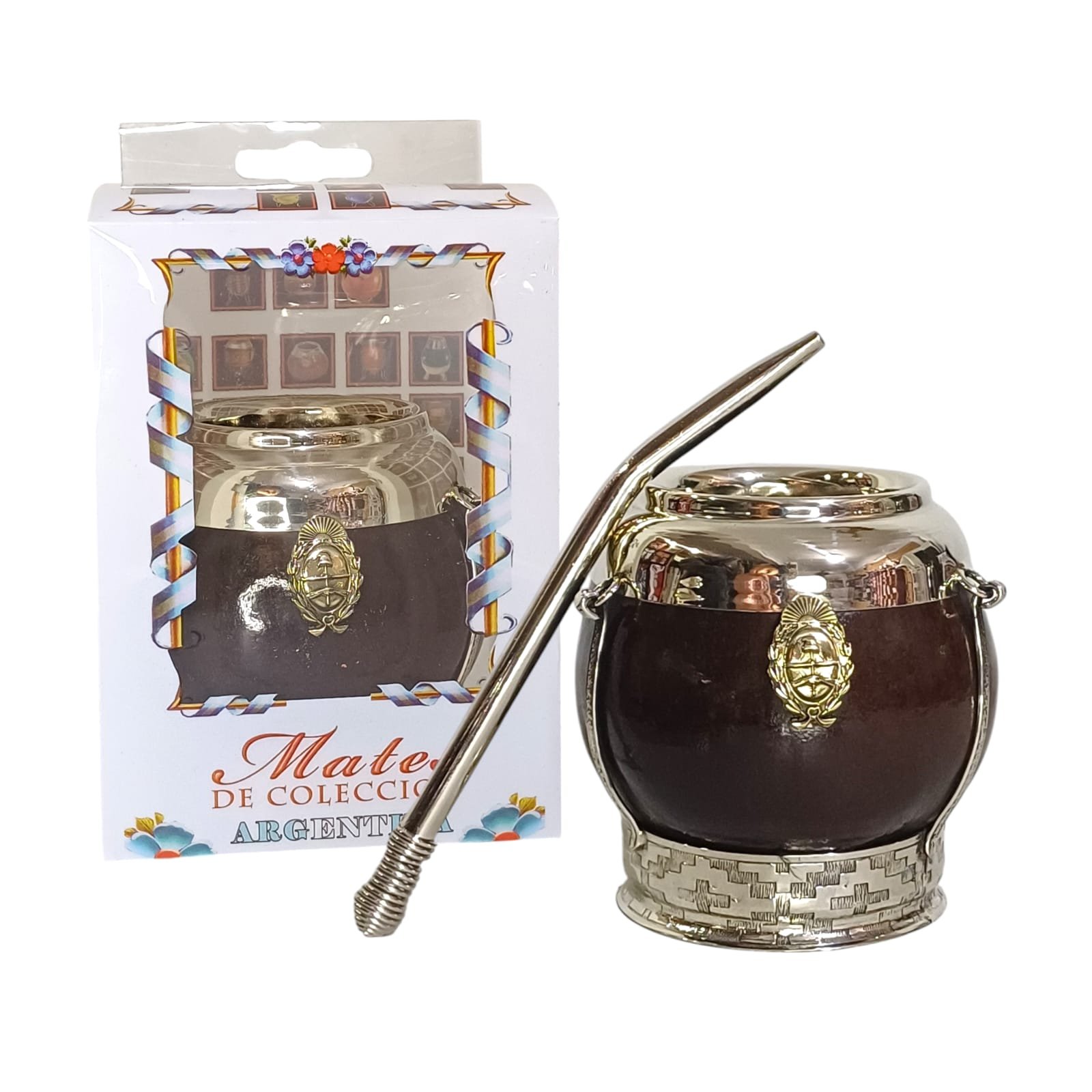 MATE DE CALABAZA CON ALPACA DIJE ESCUDO EN CAJA MAT241C - Imagen 2