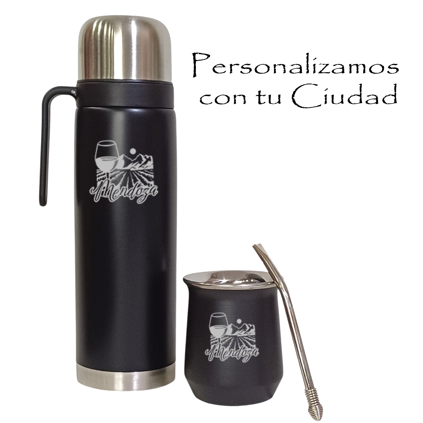 TERMO DE 1 LITRO MEDIA MANIJA+ MATE DE ACERO TERMICO PERSONALIZADO SET025P