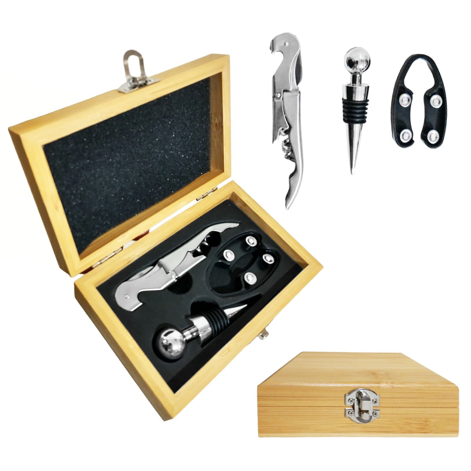 SET DE VINO- 3 PZAS - CAJA DE MADERA  ASC003