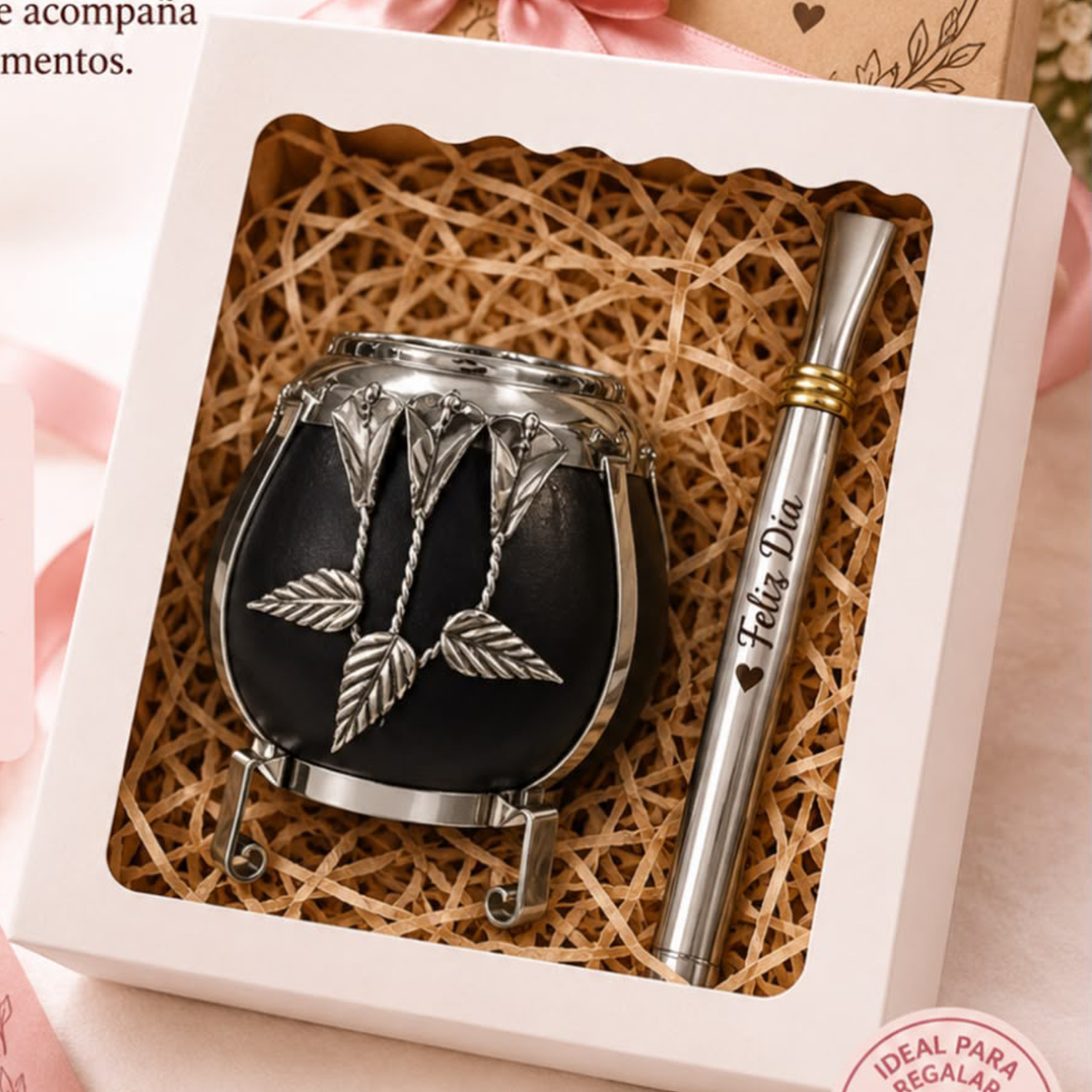 Set de mate de alpaca con bombilla +box COM040