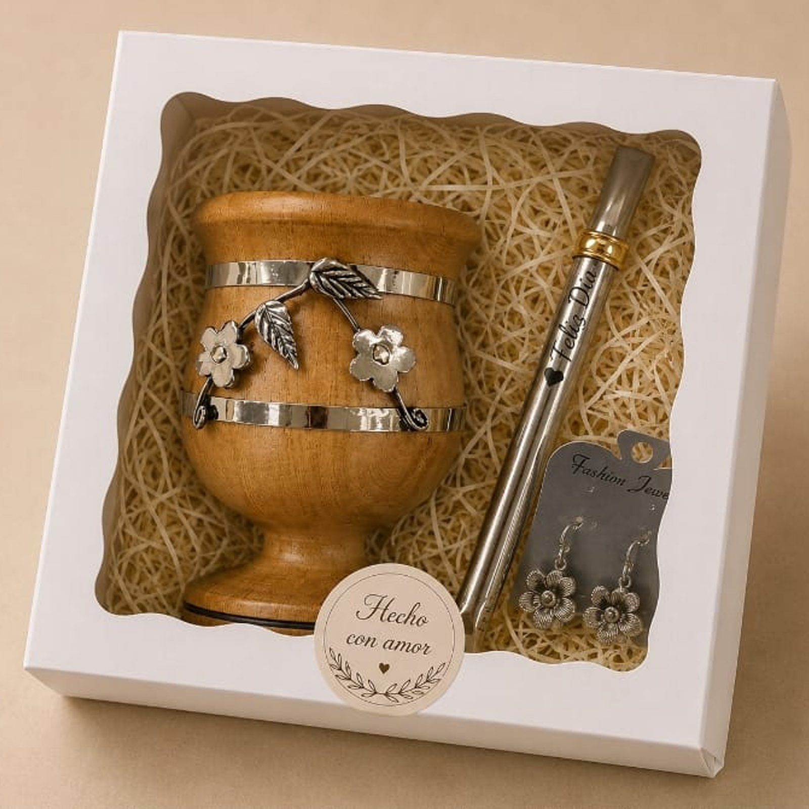 MATE DE MADERA C/DIJE ALPACA  BOMBILLA +BOX  COM047